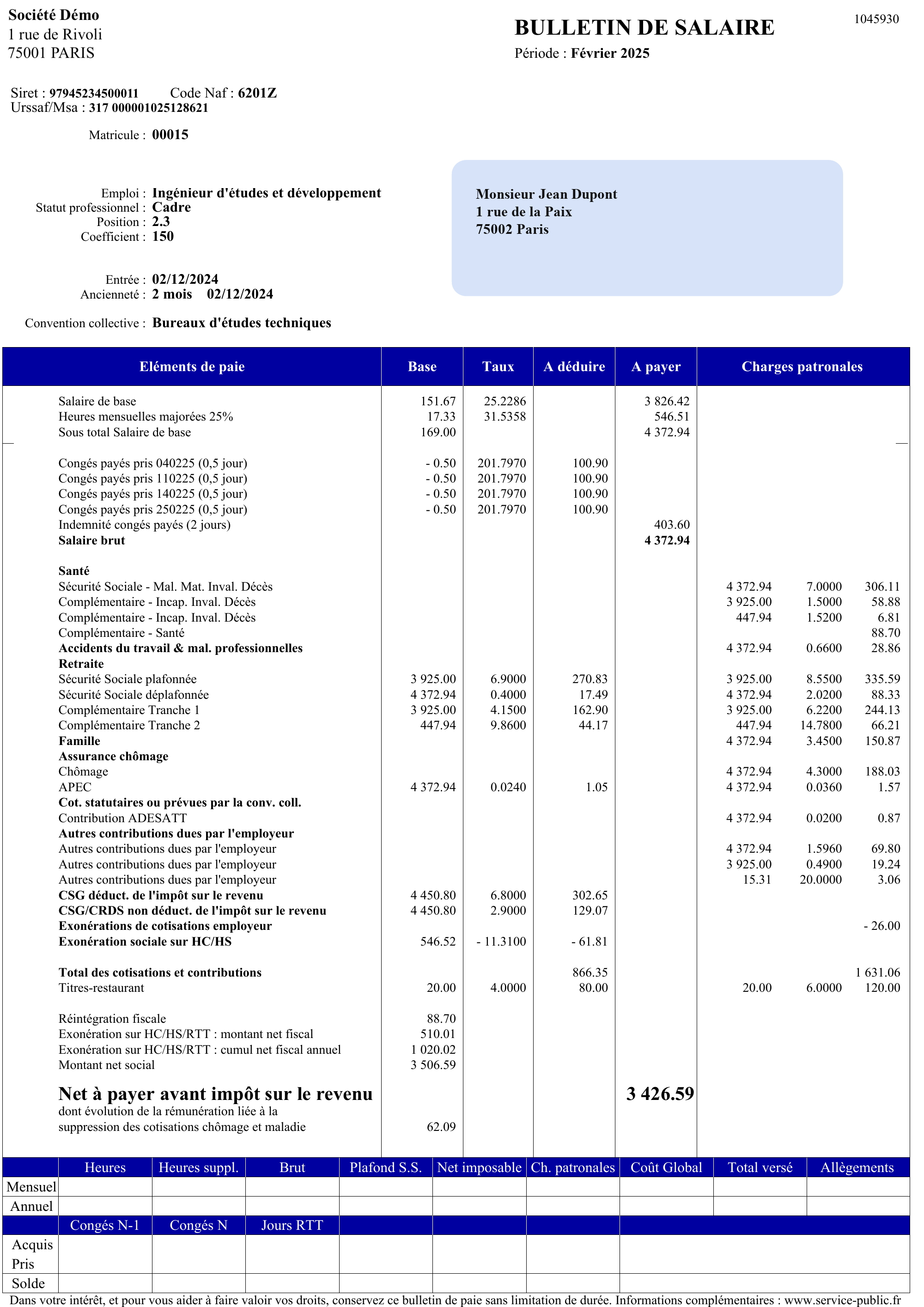 Le bulletin de février ouvert dans le visualiseur : la ligne Complémentaire Tranche 2, base 447,94 €, entourée