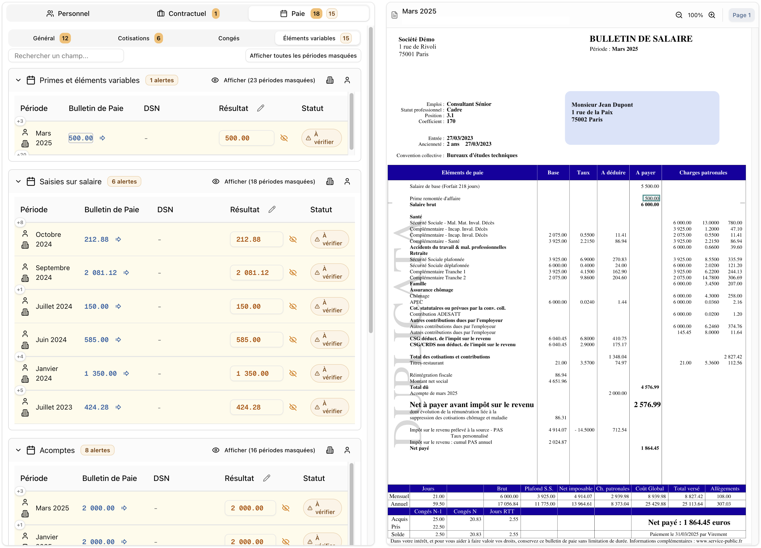 PaieSync — éléments variables extraits des bulletins