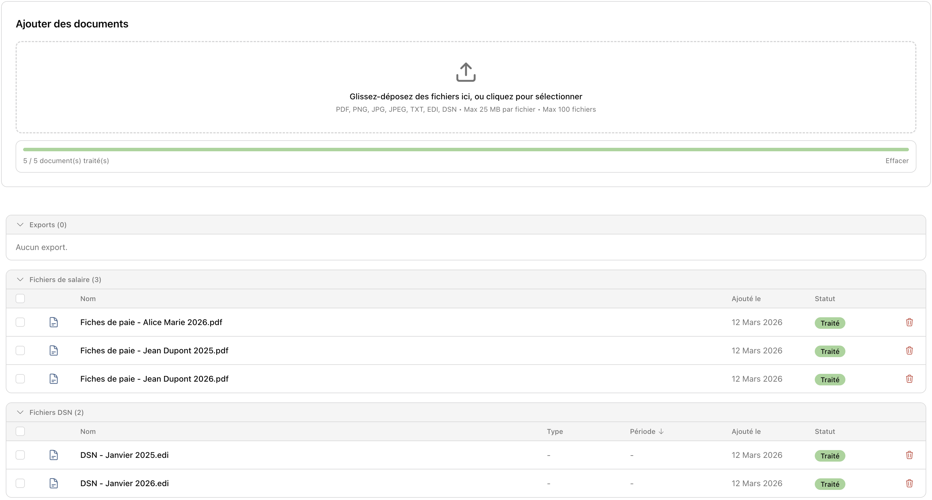 Interface d'import PaieSync — glisser-déposer de bulletins PDF et fichiers DSN
