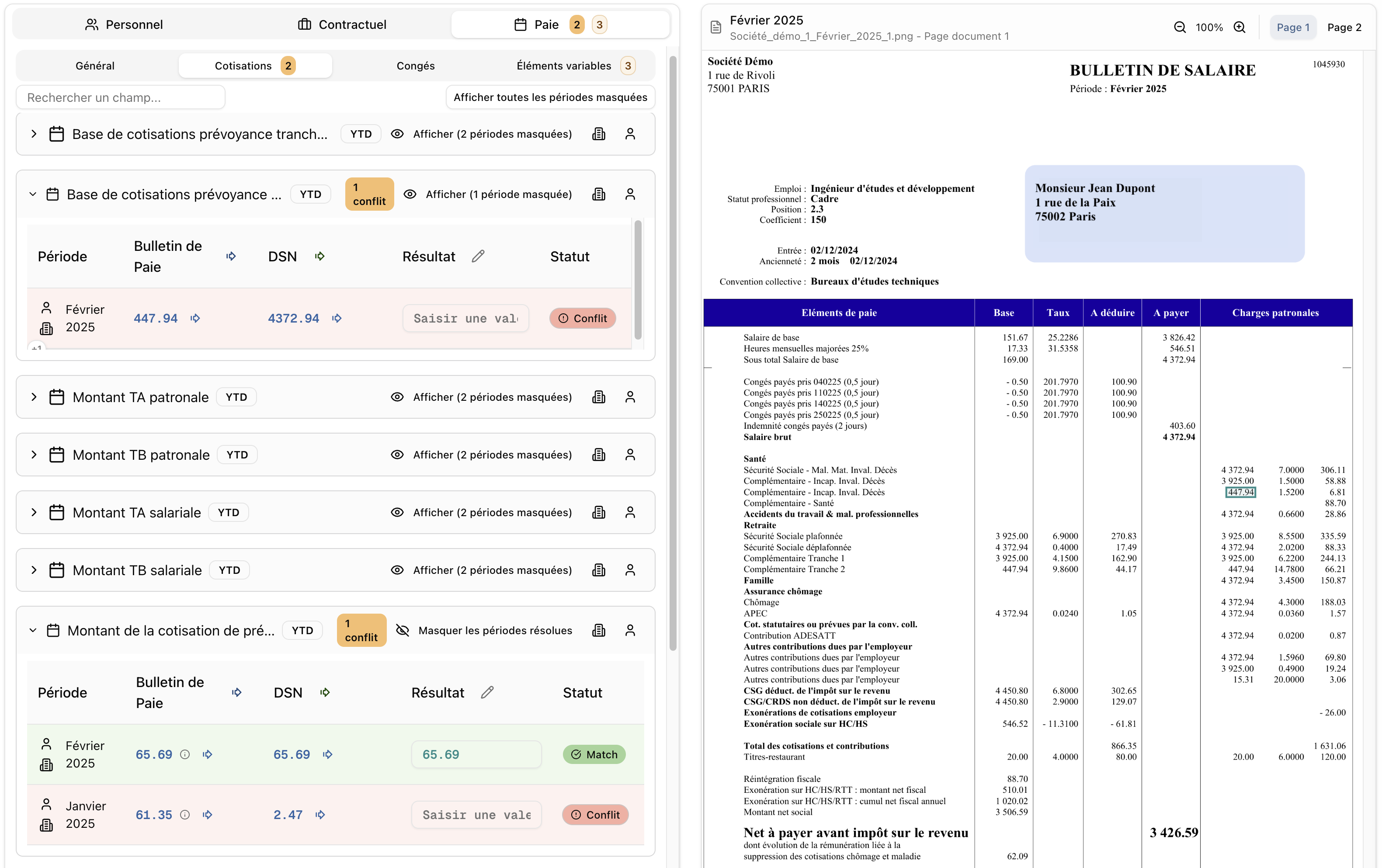 Interface PaieSync — vue détaillée de réconciliation avec bulletin de paie
