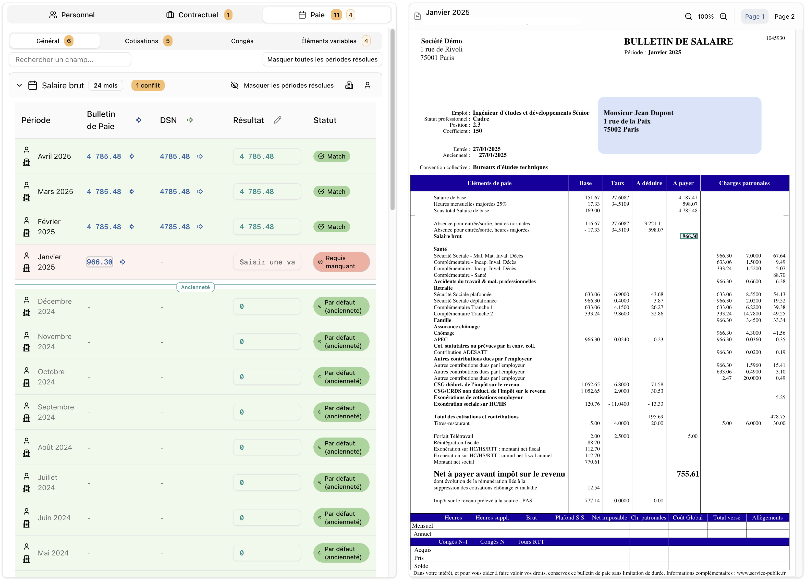 PaieSync — vérification visuelle sur le bulletin PDF